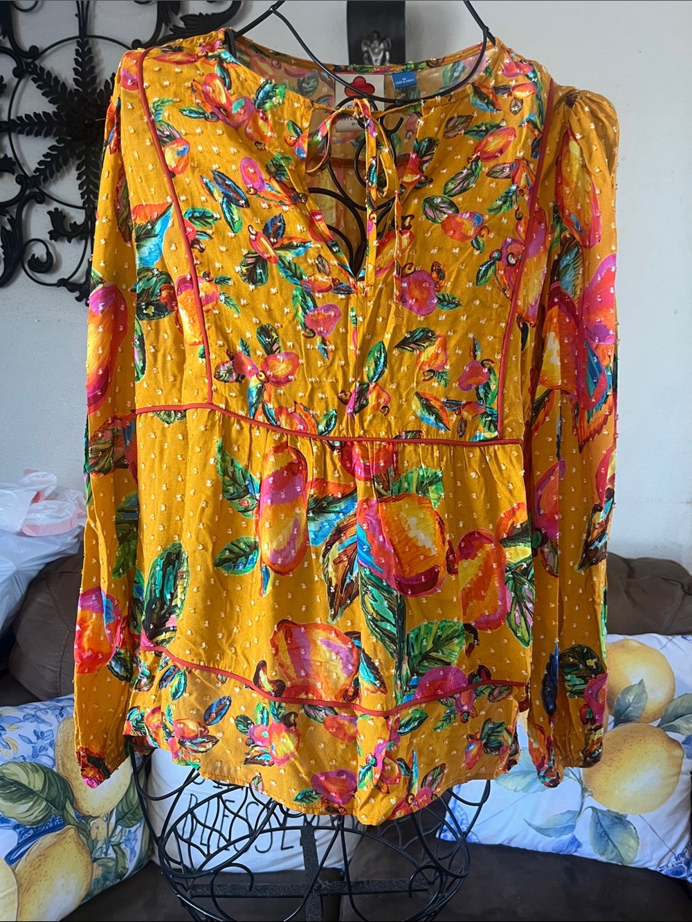 Farm Rio For Anthropologie Mustard Floral Blouse with Pink & Green Accents